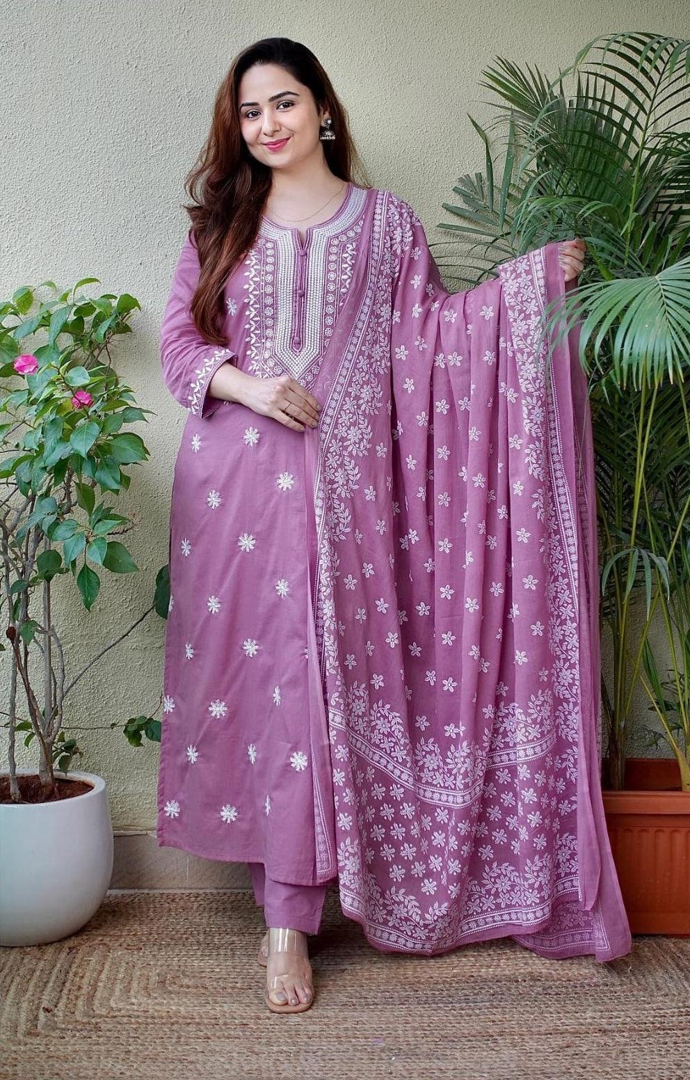 Dusty Lavender Embroidered Suit Set with Dupatta - Image 2