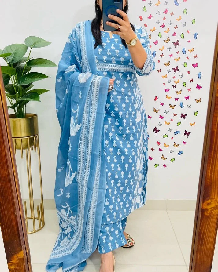Elegant Sky Blue Floral Printed Cotton Suit Set - Image 2