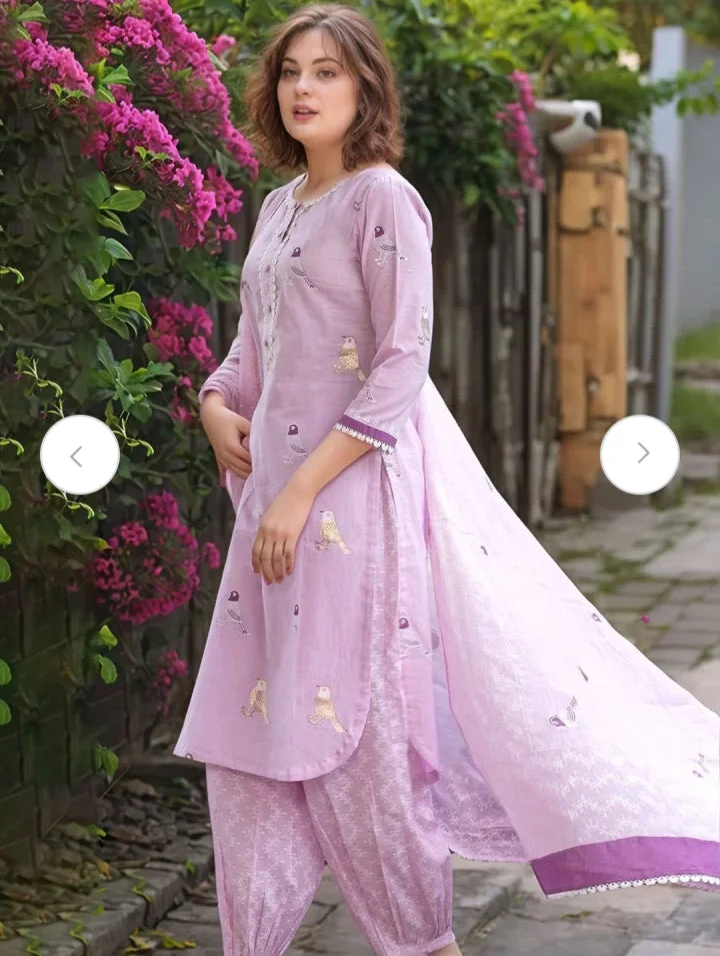 Jaipur Kurta Lavender Bird Motif Cotton Kurti Set - Image 2