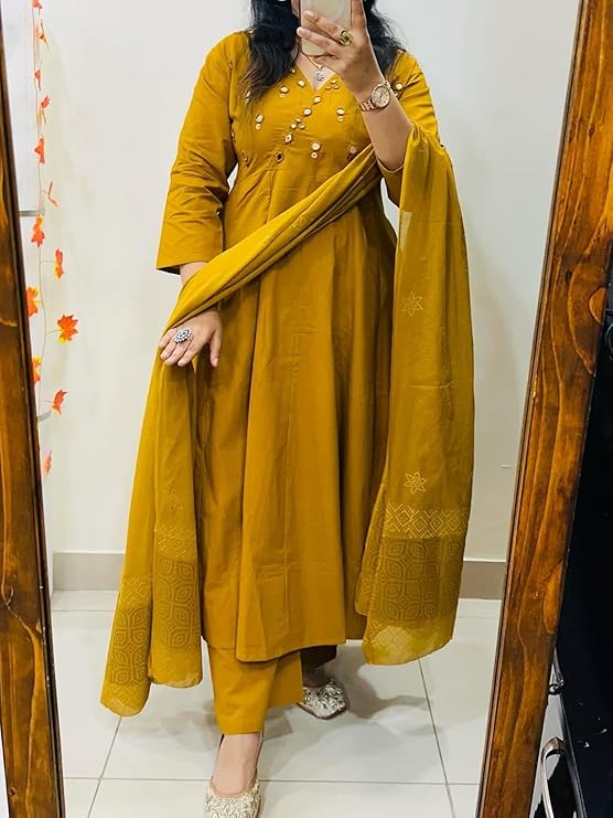 Premium Mustard Yellow Anarkali Kurti Pant Dupatta Set - Image 3