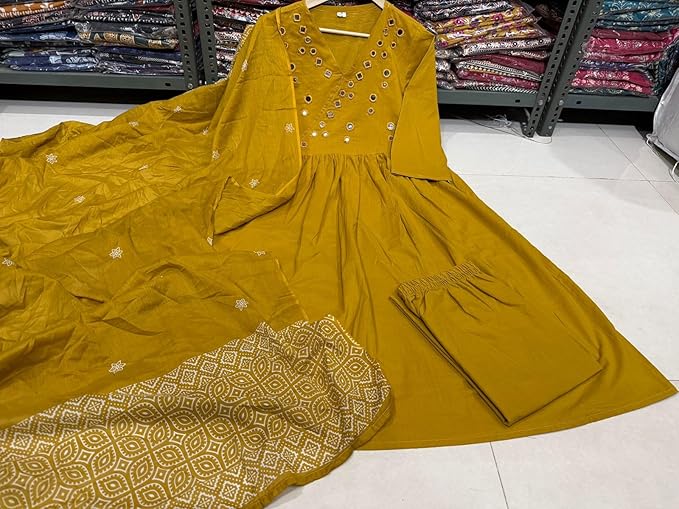 Premium Mustard Yellow Anarkali Kurti Pant Dupatta Set - Image 4
