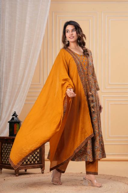 Premium Mustard Gold Kurti Pant Dupatta Set - Image 3