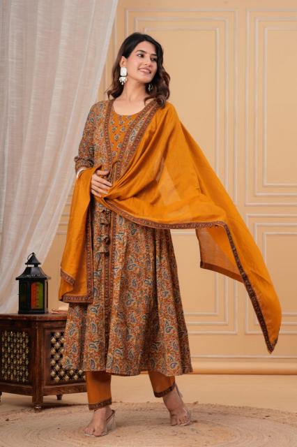 Premium Mustard Gold Kurti Pant Dupatta Set - Image 5