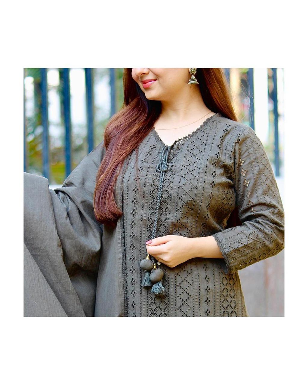 Premium Olive Green Embroidered Kurti Pant Dupatta Set - Image 3