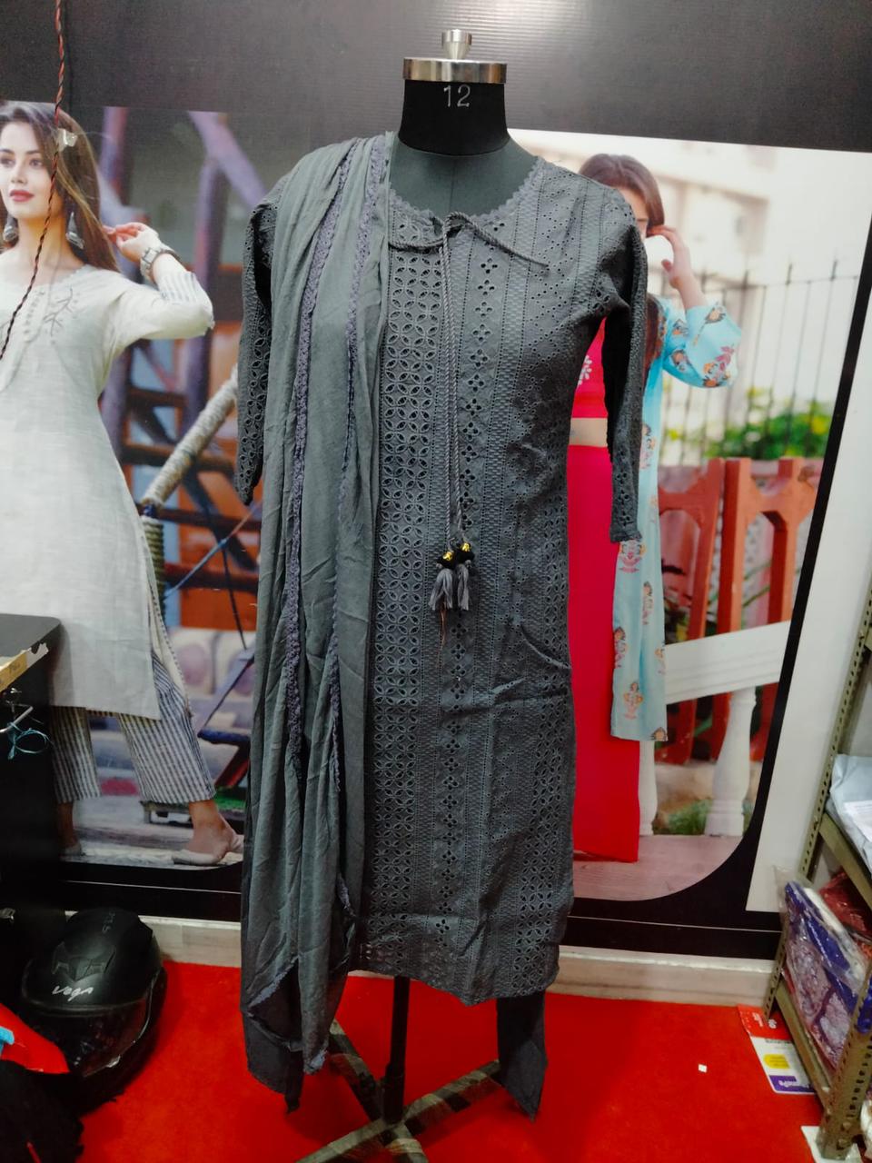 Premium Olive Green Embroidered Kurti Pant Dupatta Set - Image 4