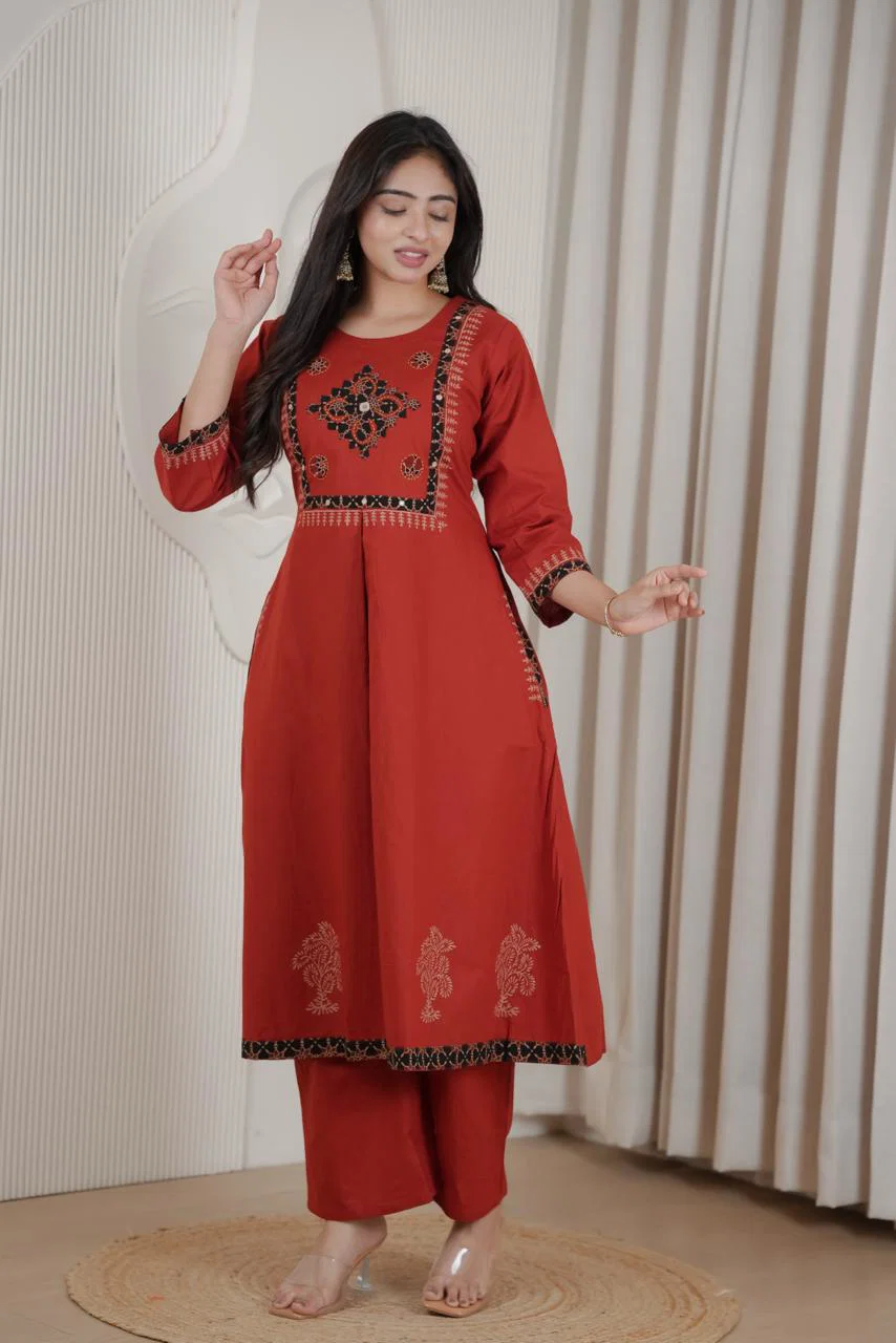 Premium Red Embroidered Kurti Palazzo Set - Image 3