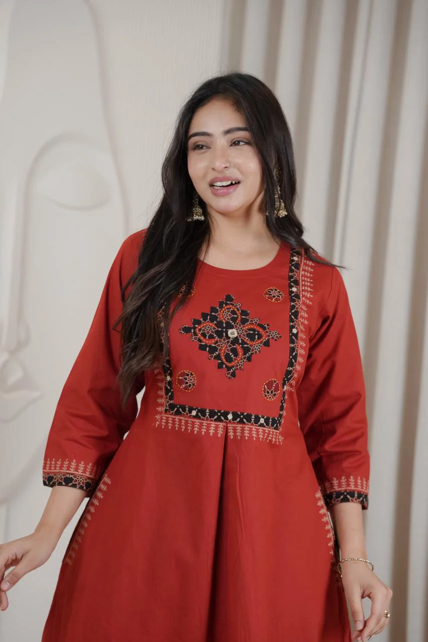 Premium Red Embroidered Kurti Palazzo Set - Image 5